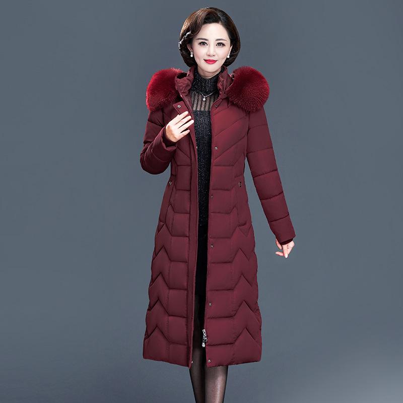 Big fur collar hat collar long knee cotton clothes middle-aged mother festive red winter thickened cotton jacket women's brick and mortar store