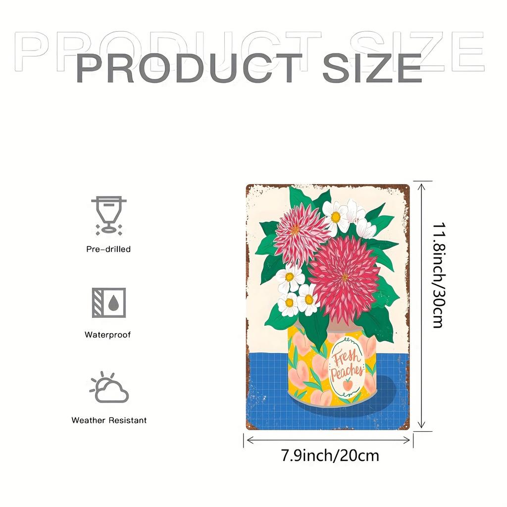 2D Flat, Vintage Metal Wall Art Sign - 20.32x30.48 Cm Floral Tin Painting with Pink Daisies & Flowers, Rustic Home Decor for Hal