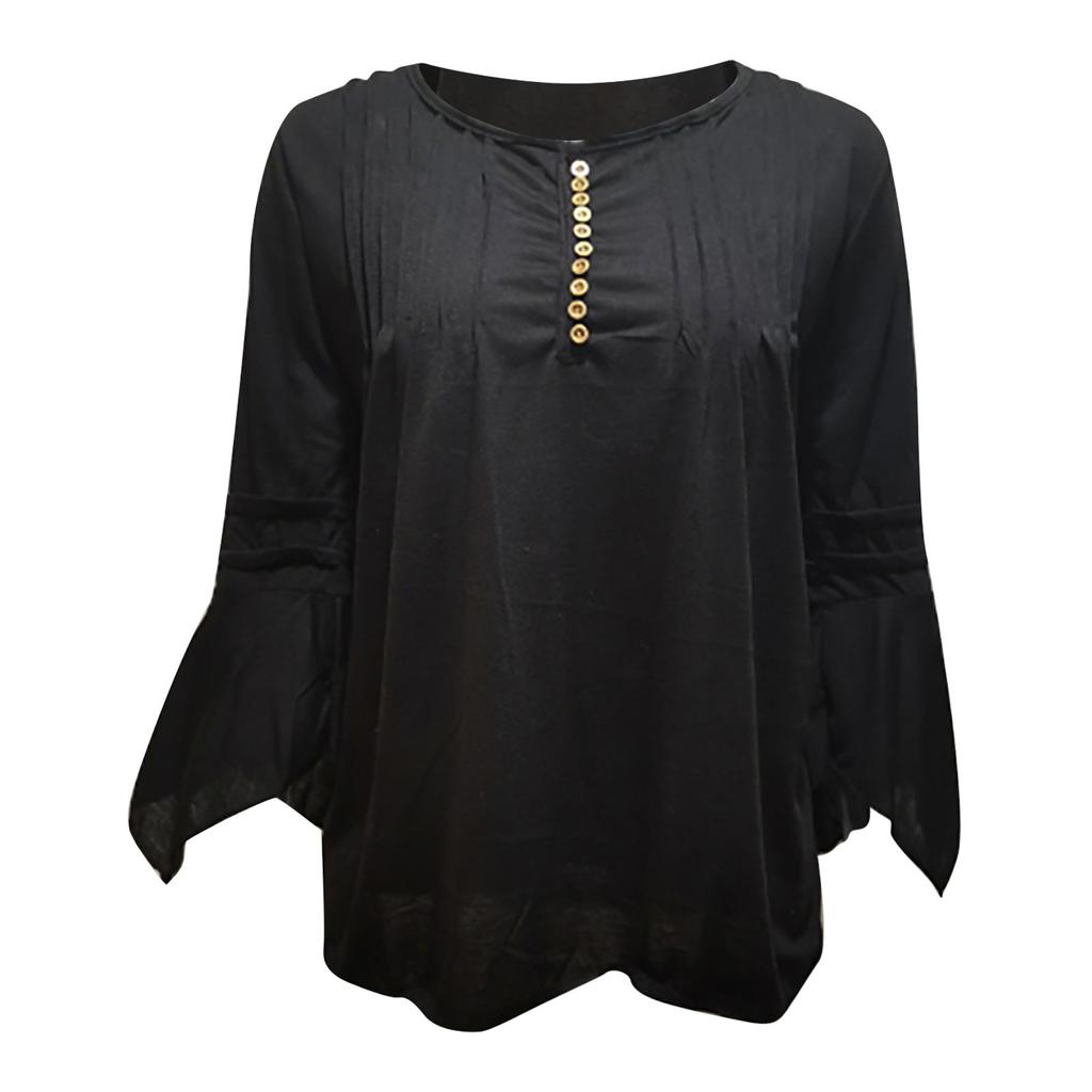 Women Summer Casual Color Button Flared Sleeves T-shirt Top Blouse