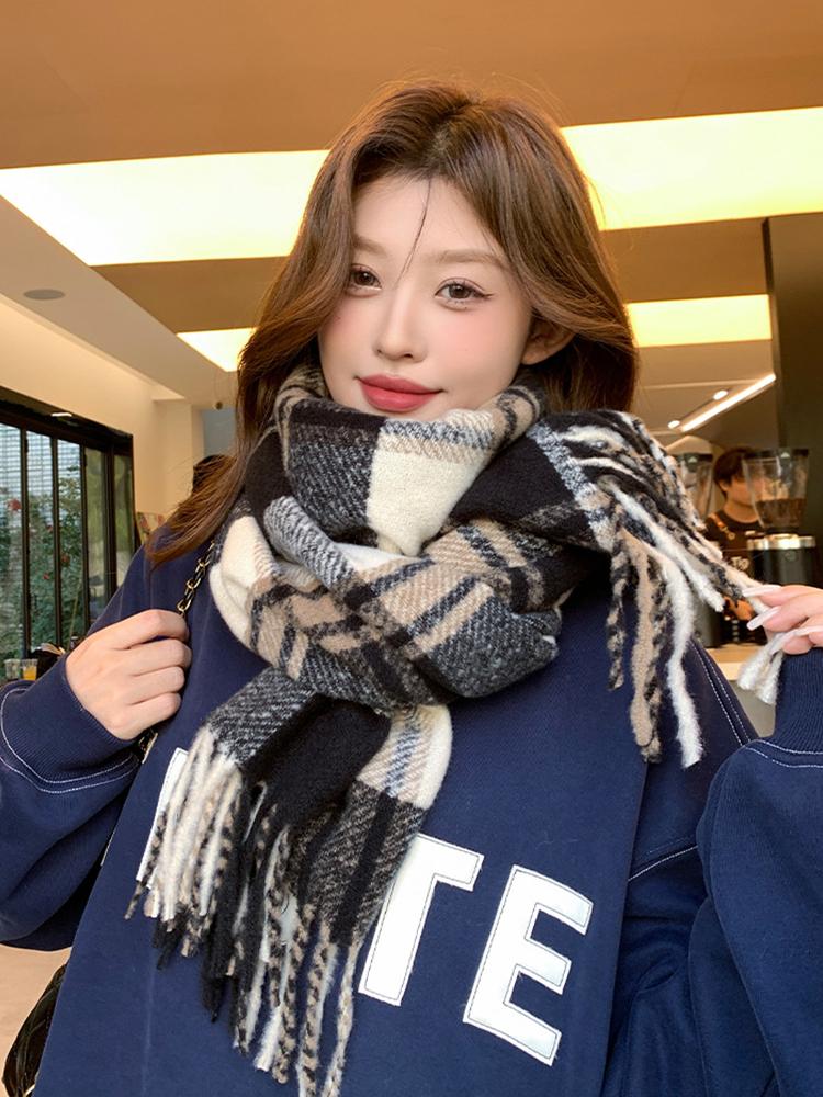 Women Winter Vintage Knitted Scarf Headscarf Ladies Men Casual Preppy Plaid Tassel Warm Scarve Mujer Male Foulard Wrap Shawl New