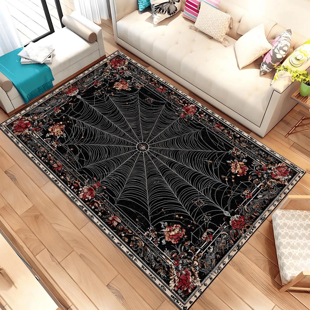 Tappeto Nero Ragnatela Gotica per Arredamento Dark Academia Tappeto da Pavimento per Soggiorno Gotico Camera da Letto Tappetino Decorativo per la Casa Lavabile Camera da Letto