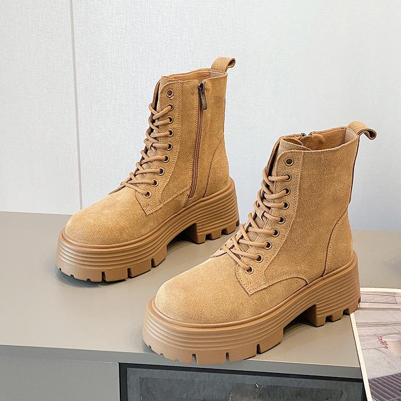 

Ботинки «Мартинс» на высоком каблуке 6,5 см. Новые женские короткие ботинки на толстой подошве. Модные универсальные мотоциклетные ботинки из флиса с обратным реверсом в британском стиле. 41