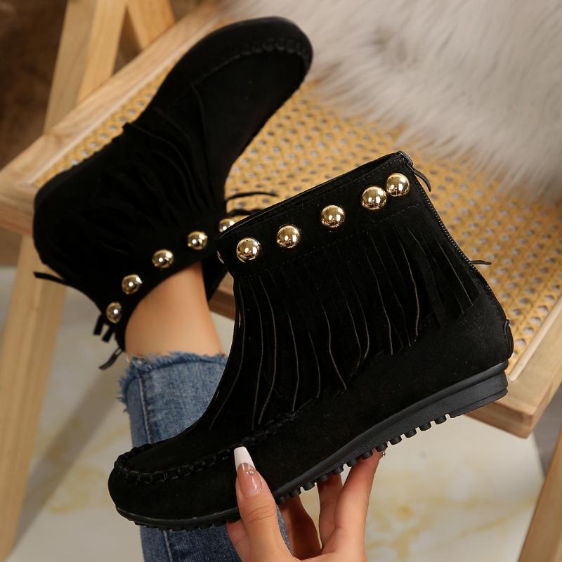 Women Boots Autumn Fashion Tassel Suede Frosted Slip on Ankle Boots Vintage Rivet Flat Casual Shoes Round Toe Zapatos De Mujer