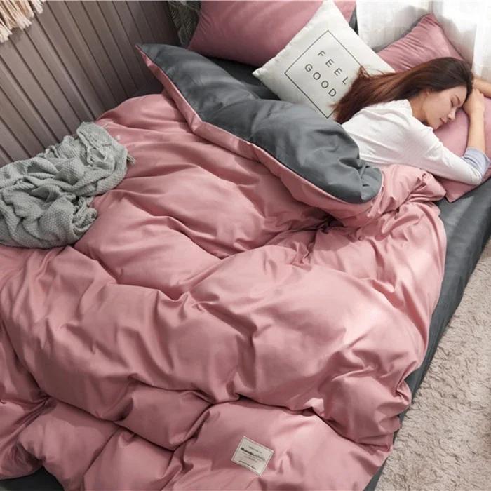 2024 new solid color double polished bed four-piece set Japanese bed sheet quilt cover mattress student kit multi-specification