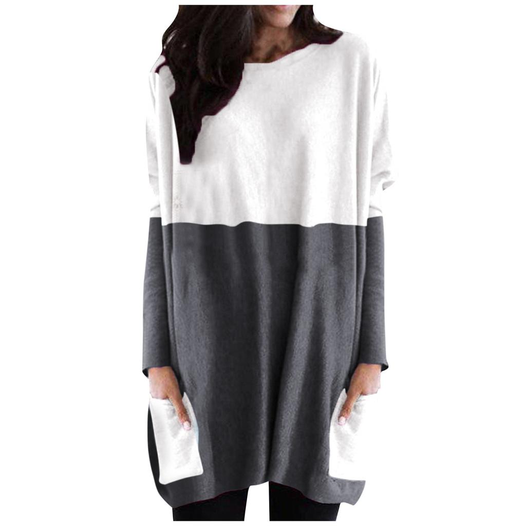 Women Fashion Casual Long Sleeve Patchwork Pockets Loose Tops Blouse