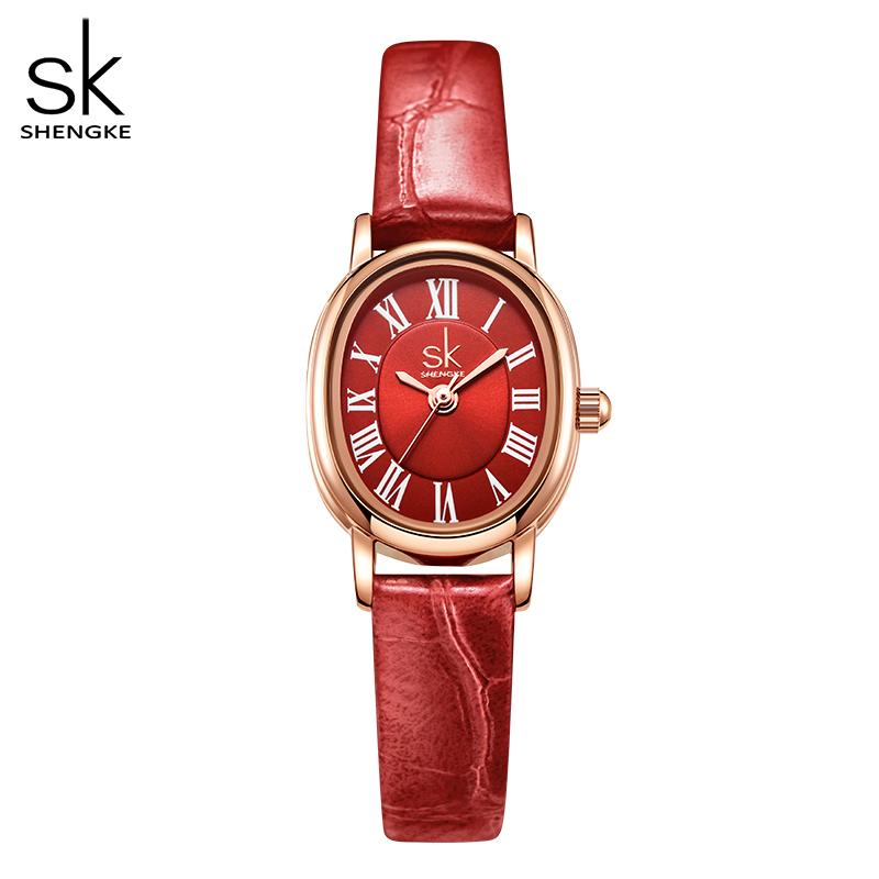 SHENGKE SK Elegantní dámské náramkové hodinky Quartz Originální design Kožený řemínek Dámské hodiny Top Luxusní dámské hodinky Montre Femme