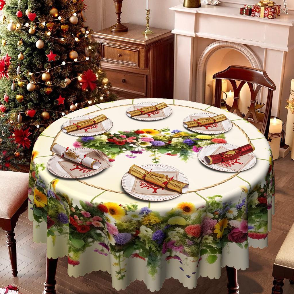 Pastoral Round/Rectangular Dining Table Cloth, Beige Colorful Flower Pattern, Dining Table Decorative Cloth, Natural Atmosphere