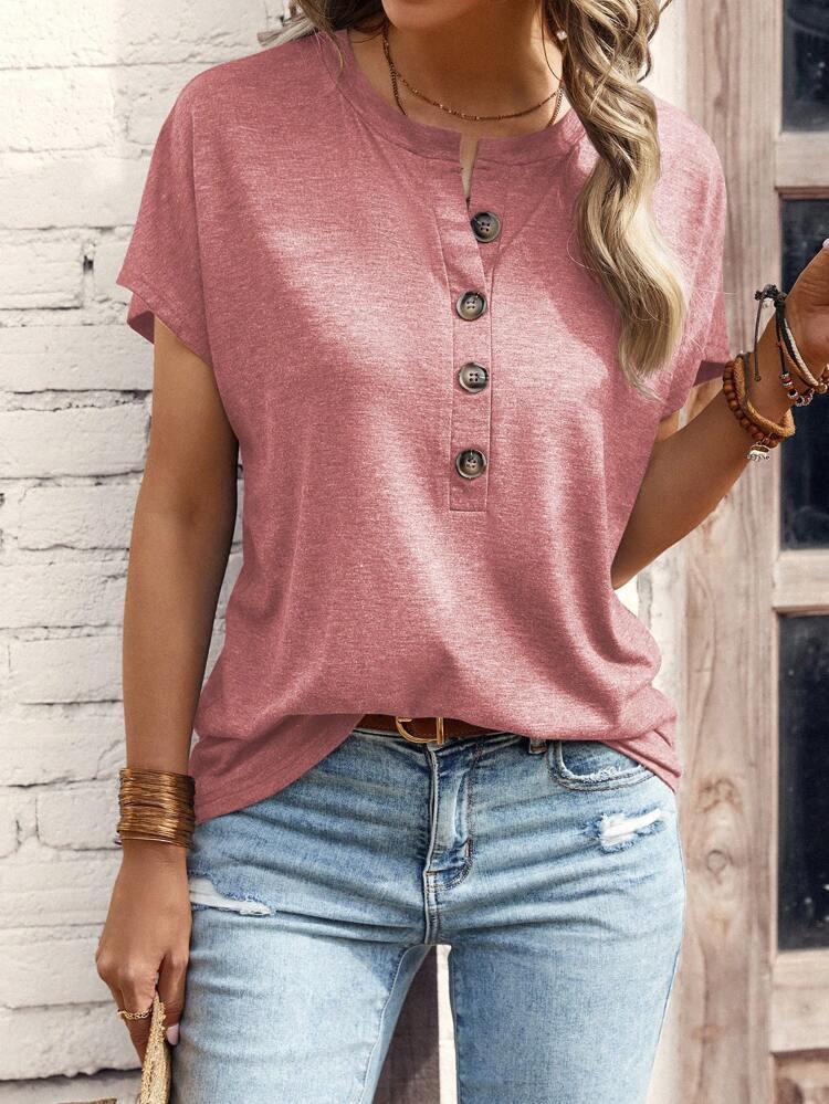 Women's European & American Style Solid Color Button Fashion Short Sleeve T-shirt for Spring/Summer