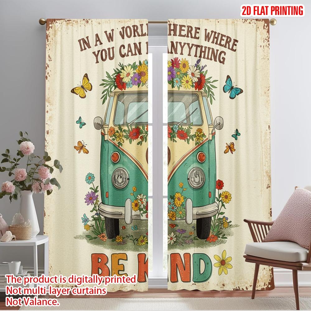 

2pcs 2D flat printing Party Window Curtains Hippie Bus Flower Peace Polyester Without Electricity Birthday Party for Home Decor 52.50×116.00 CM 2pcs