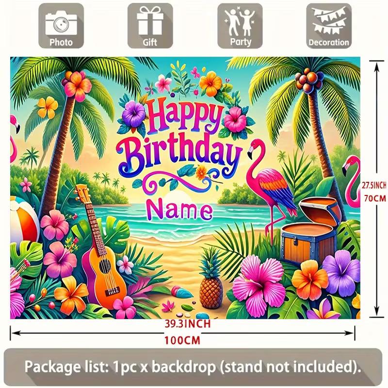 

2D Customizable Name Tropical Flamingo Birthday Backdrop Beach Palm Tree Background Banner for Kids Party 47.2x31.5inch/120*80cm