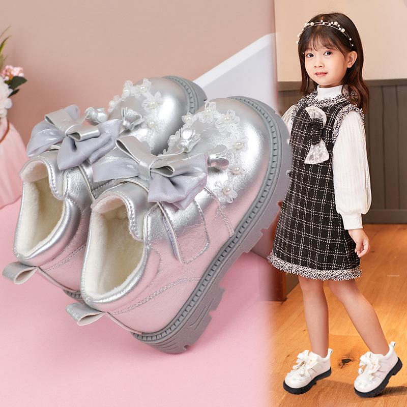 Girls princess short boots 2025 new winter girls velvet warm cotton shoes fashion bow two cotton Martin boots