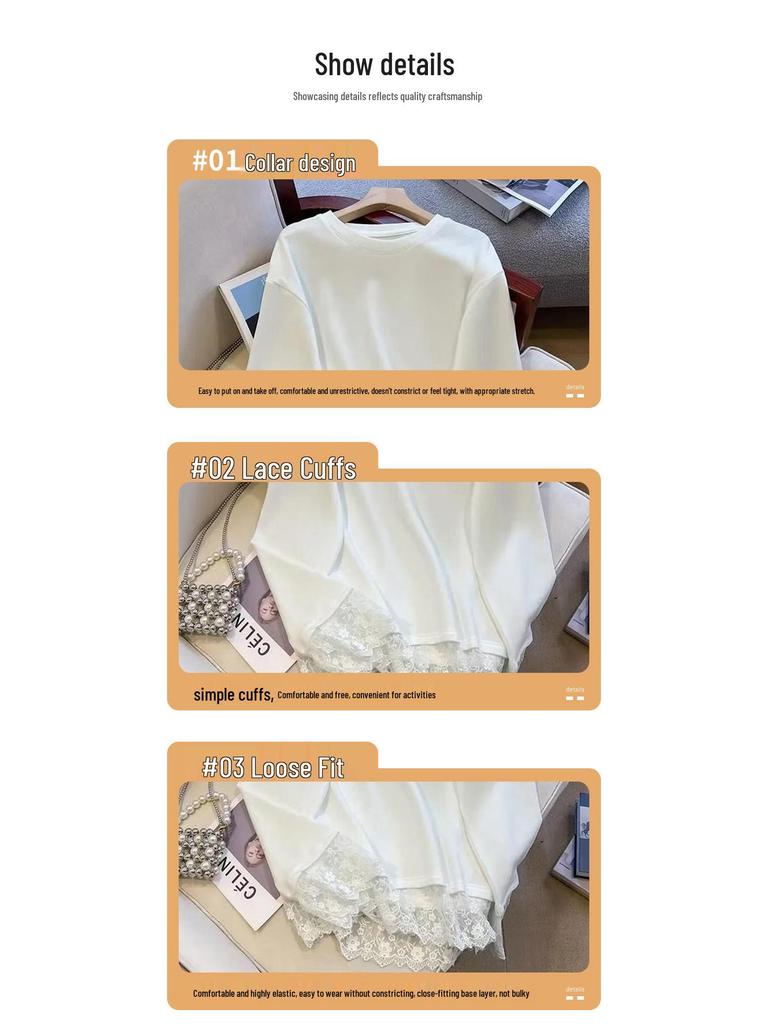 Weißes Spitzen-Patchwork-Langarm-T-Shirt für Damen, Stilvolle Plus-Size Herbst-/Winter-Unterwäsche