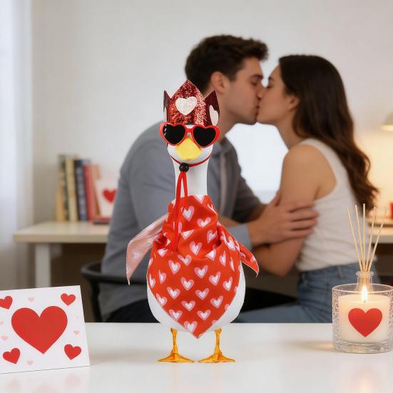 Valentine's Day Porch Goose Outfit Yard Goose Costume Lawn Goose Accessories Includes Red Heart Bib Hat Glasses for 23" Cement or Plastic Goose Statue