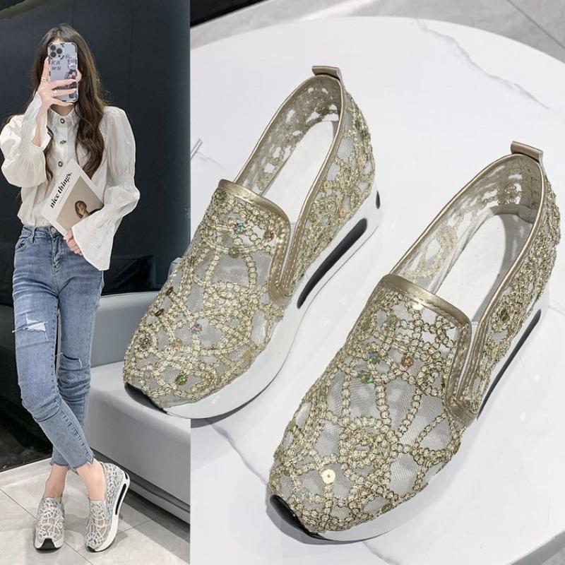 Women's fashion flat bottom inner height increase mesh yarn breathable casual single shoes support platform one piece