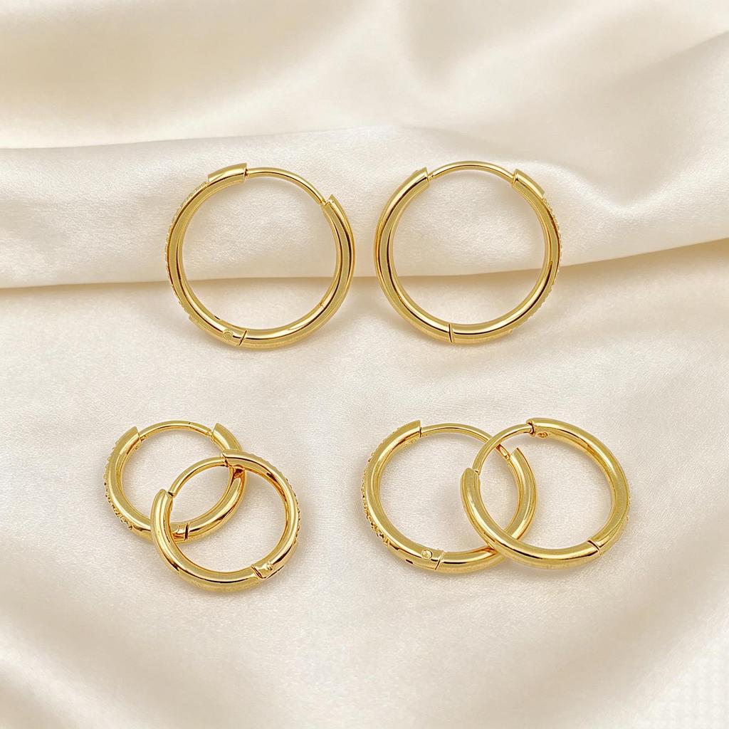 Gold Zirconia Stainless Steel Hoop Earrings - Versatile Round Micro Paved Studs with Stones.