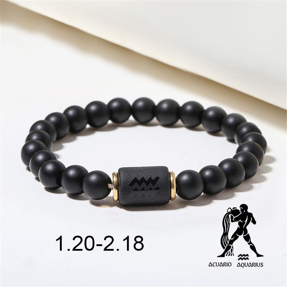 Black Matte Agate Beaded Bracelet with Zodiac Signs - Elastic Buddhist Couple Design