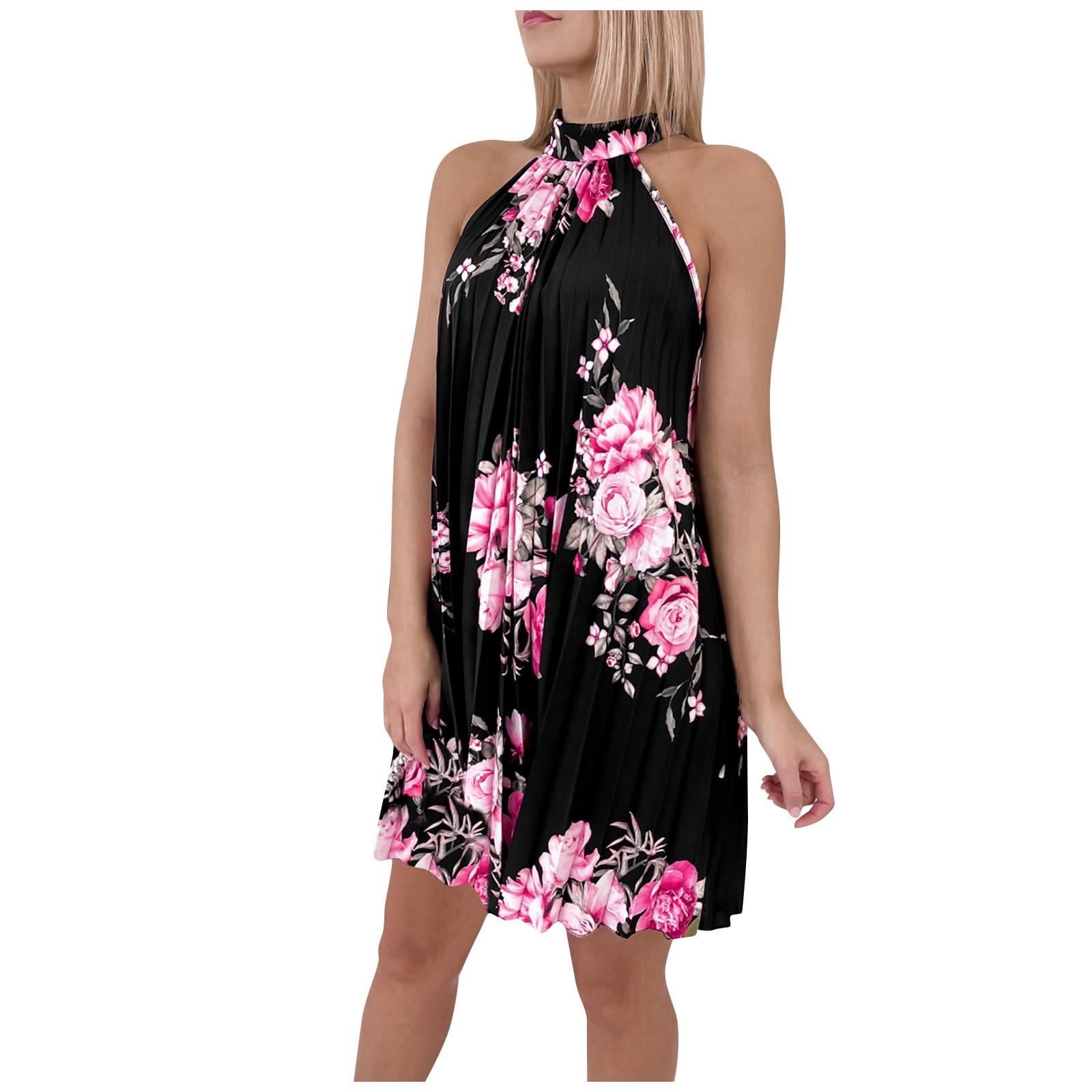 

(SU)Женское летнее стильное плиссированное мини-платье без рукавов с одной пуговицей и принтом