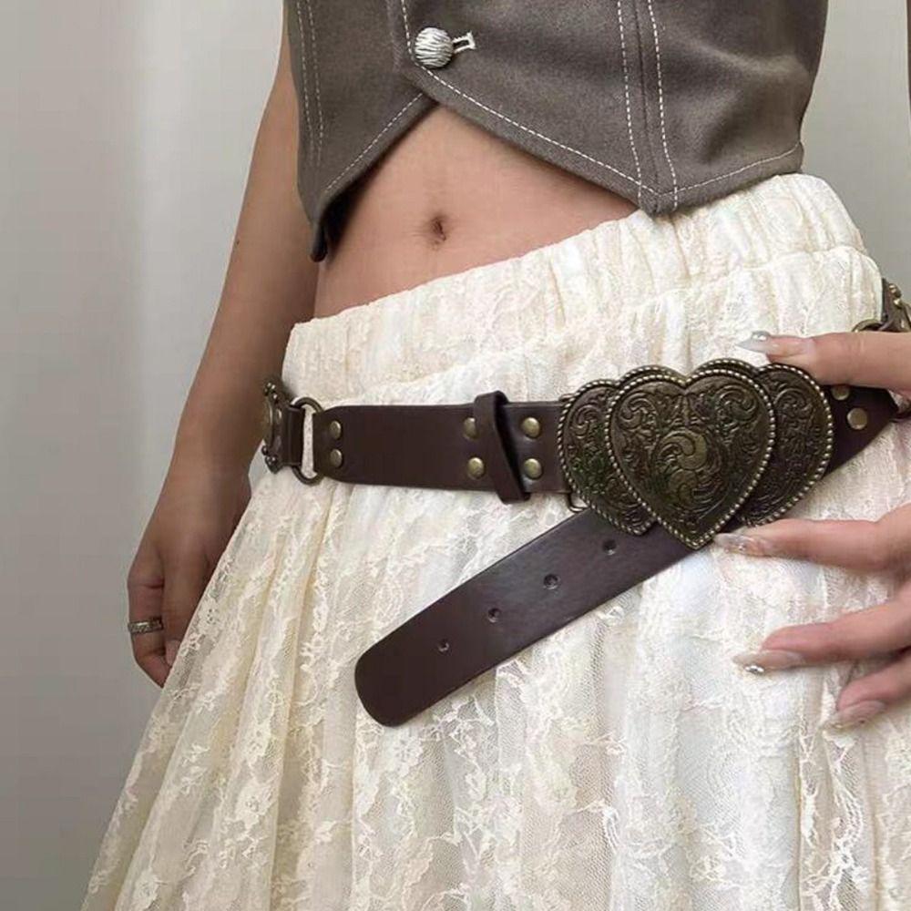 Fashion Metal Buckle PU Leather Belt Rivet Adjustable Vintage Waist Belts Hollow Wide Waistband Punk Fashion