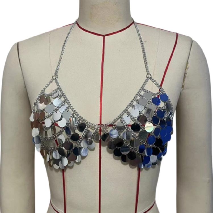 

Bohemian Dance Costume Halter Bra Sequins Metal Chain Party Wear For Latin Dance Club Or Vacation Wear 1 серебряный