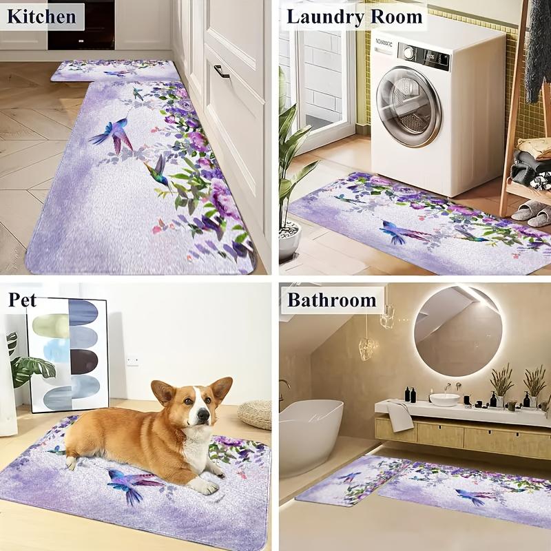 1 x Anti-Ermüdungs-Küchenteppich, Vogel- und Blumendruck, wasserdicht, rutschfest, dick gepolstert, robuste, bequeme Stehmatte für die Küche