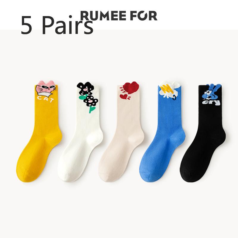 5 Pairs of Female Spring and Autumn Deodorant Sweat Absorbing Cute Preppy Cartoon Tube Cotton Socks