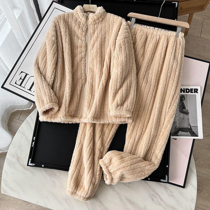 Women's G5Z Striped Plush Zipper Pajama Set - Cozy Velvet for Autumn/Winter