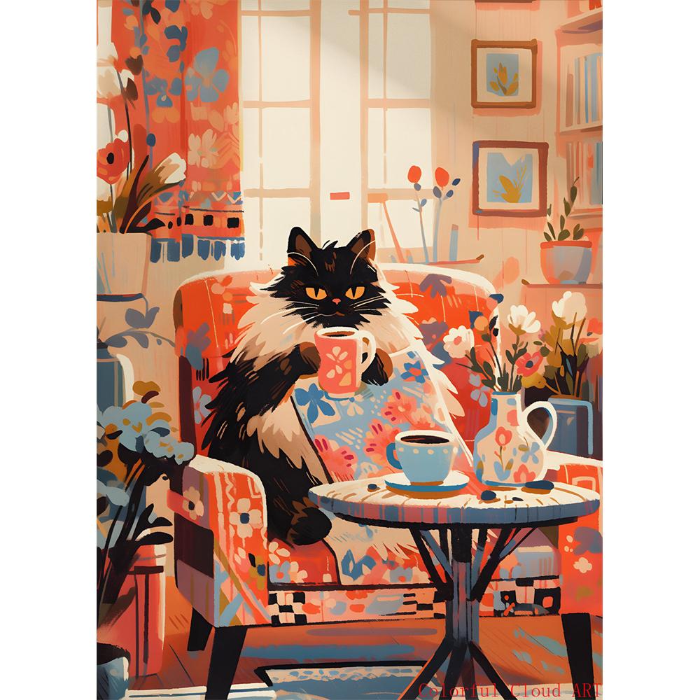 5D DIY Diamantmalerei Kreuzstich Stickerei Lustiges Tier Niedliche Schwarze Katze Weiße Katzen Vollrunde Bohrer Heimdekor Wandkunst Geschenk