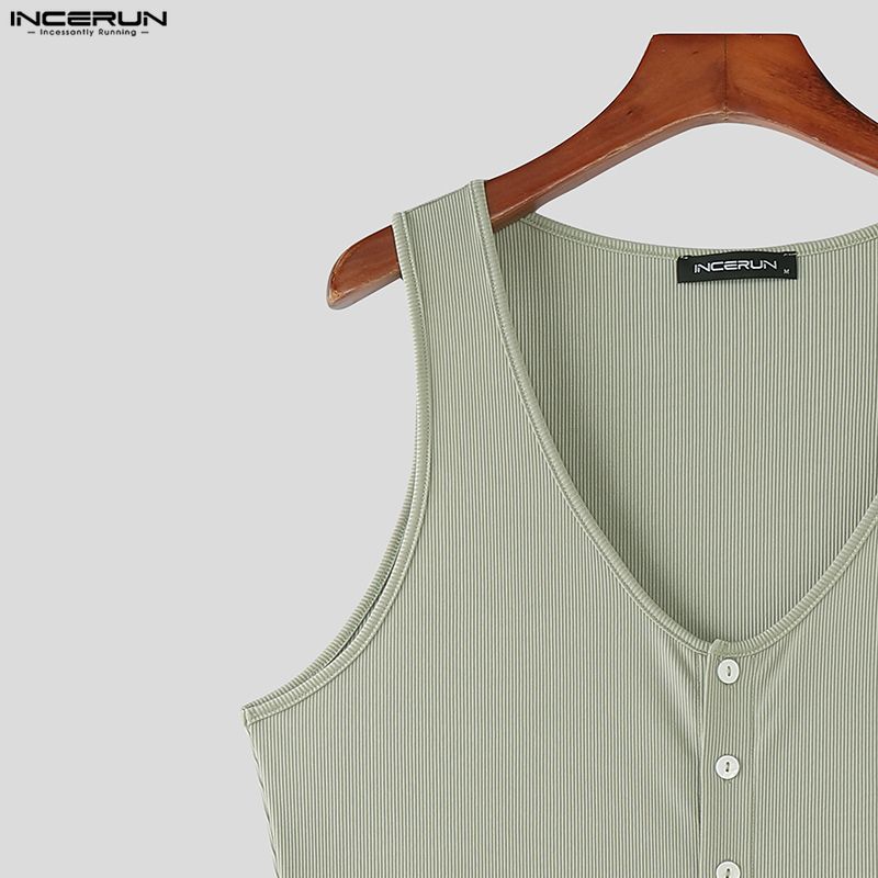 INCERUN Summer Men V Neck Sleeveless Ribbed Casual Loose Tank Tops