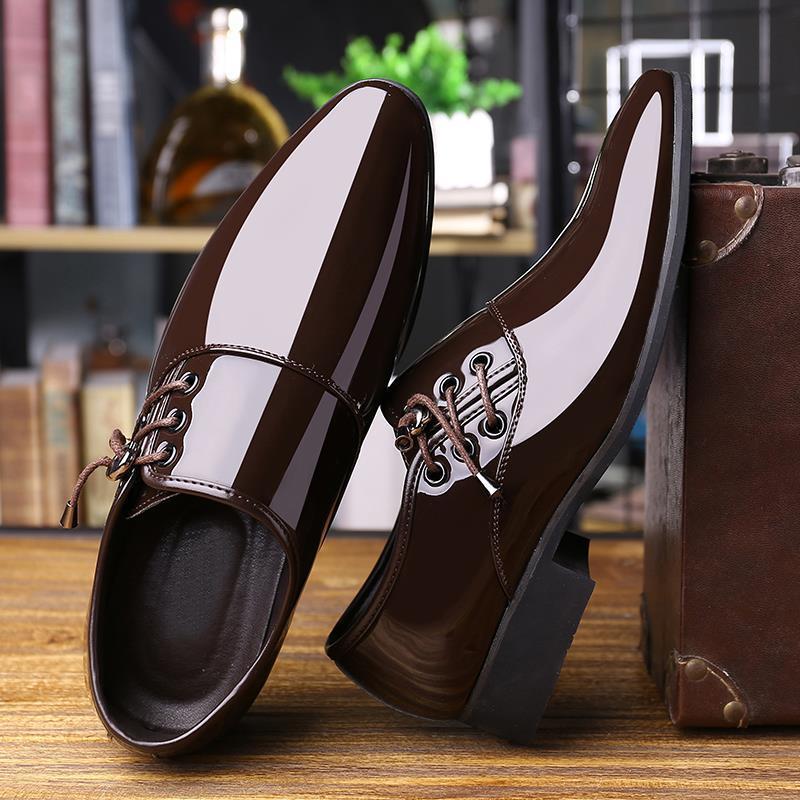 Men's casual leather shoes fashion versatile leather shoes dress business men's shoes pointed bright leather office men's single shoes