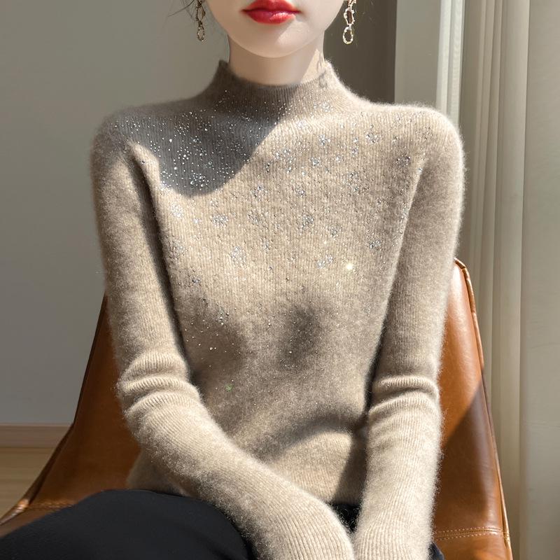 2025 Autumn/Winter Women's Rhinestone Ribbed Knit Sweater: Stylish Long-Sleeve, Half-High Neck, Loose Fit.