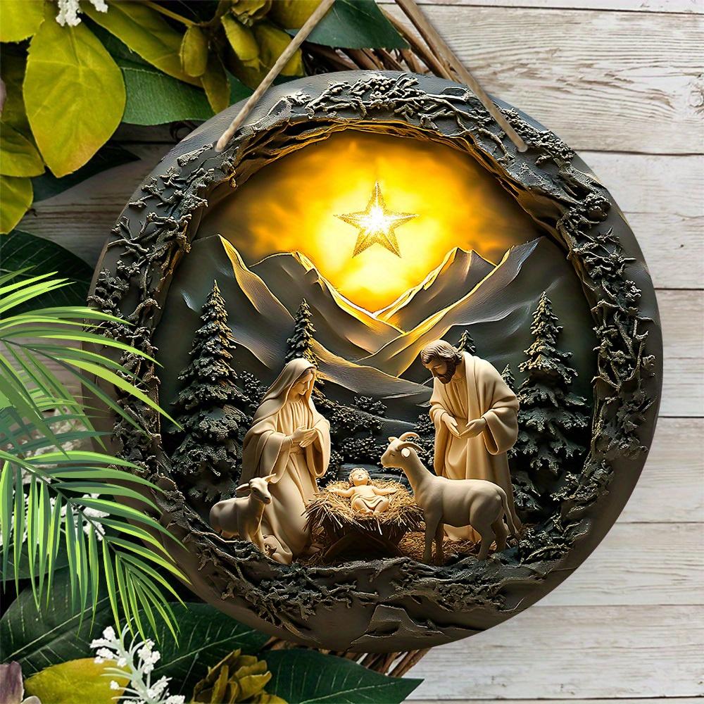 5pcs Wooden Nativity Scene Ornament with Golden Star - Savior'S Birth 2D Round Hanging Decor for Tree, Wall, Garden - Battery-Free Festive Decoration
