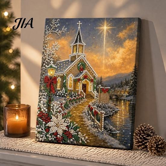 Stress Relief Hobbies Christmas Church Faux Pearl Art Kit, Painting DIY 15.75 Round Crafting x 11.81 Inch Beginners Craft for Adults, Relaxing