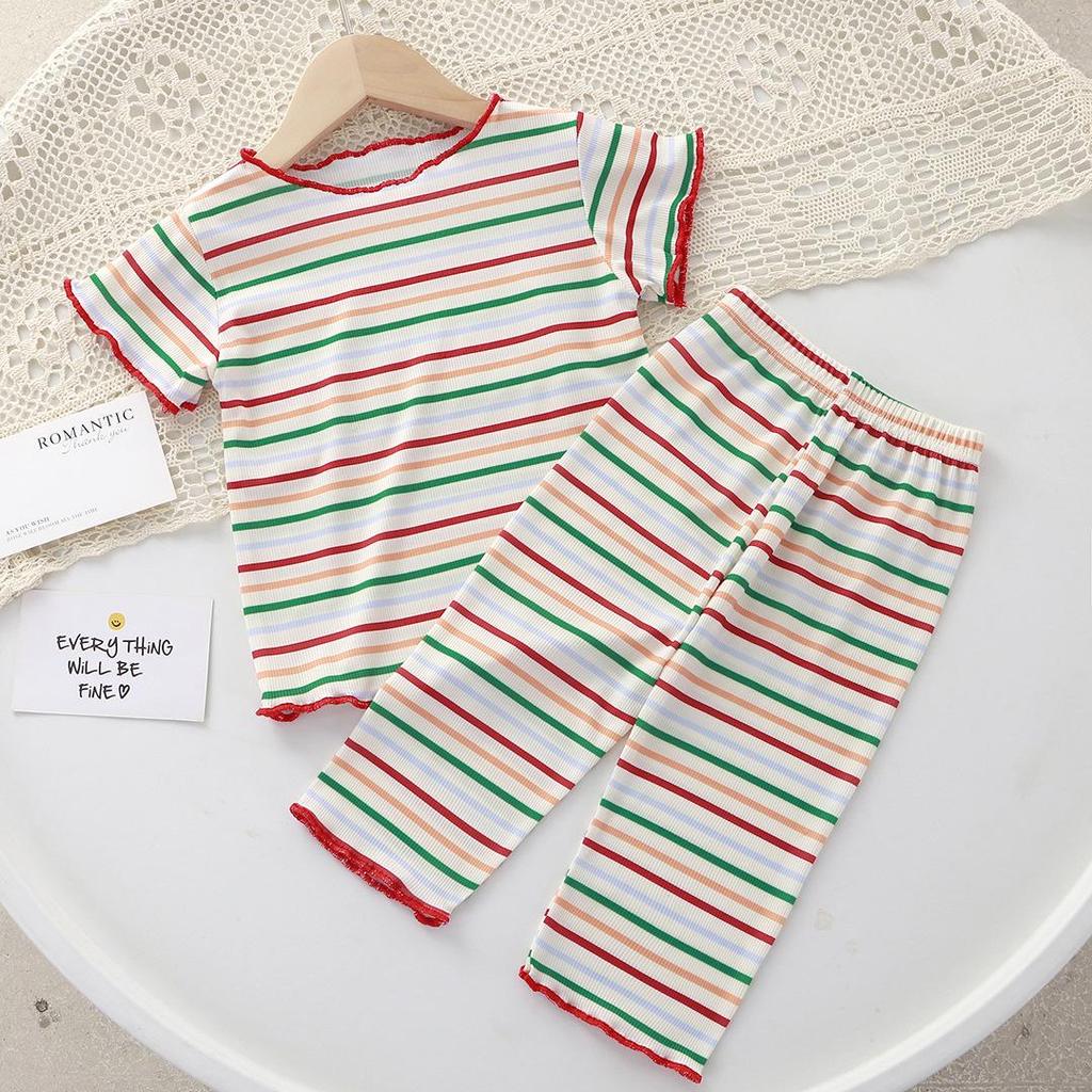 Sommar Tvådelad Koreansk Stil Outfit för Flickor - Kortärmad Tunn Luftkonditioneringsdräkt 2025