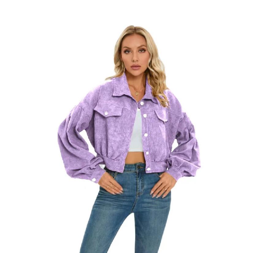 European and American Style Autumn Winter Casual Corduroy Jacket with Lantern Sleeves and Single Breasted Short Coat for Women
