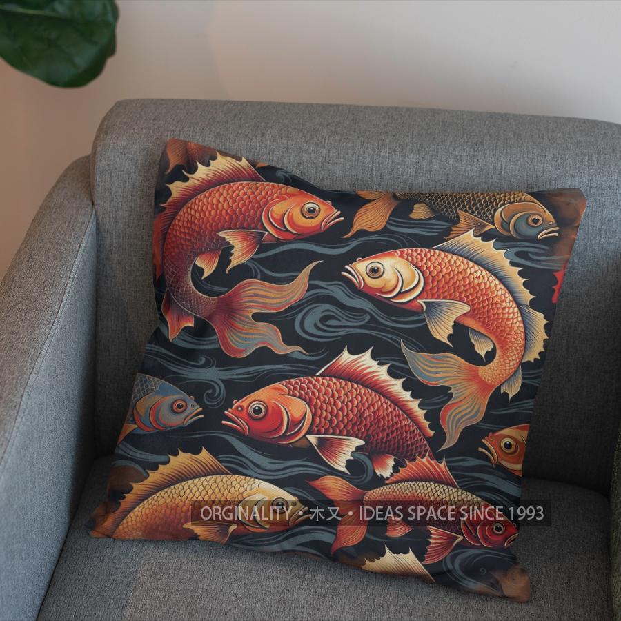 2D Stylish Koi Fish Pattern Throw Pillow Cover Pattern Cushion Cover Suitable For Sofa Bedroom Car Pillow Cover