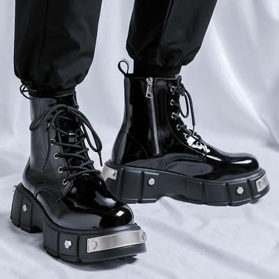 Trend Men Boots Black Motorcycle Boots Fashion High Top Bright Colored Platform Shoes Casual Leather Street Style Ankle Boots