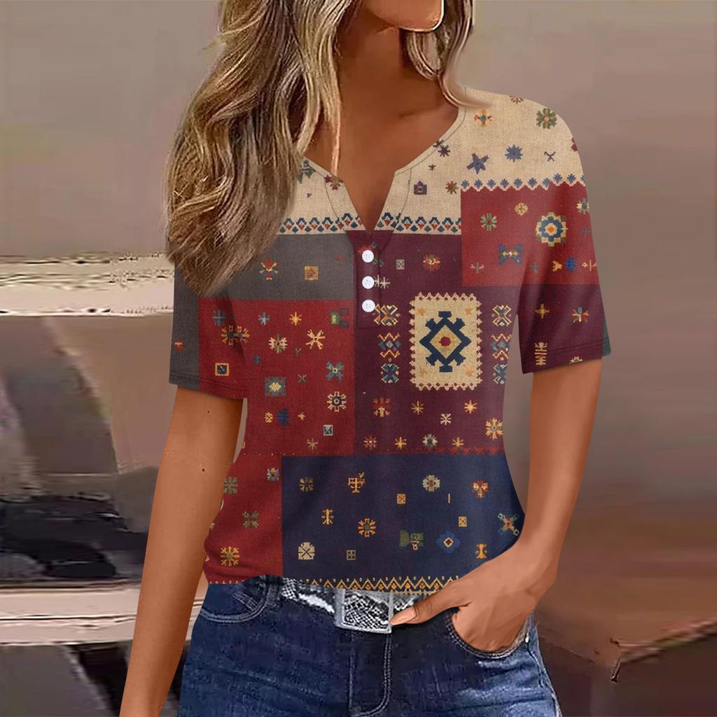 T-shirt da Donna Maglietta Stampata Bottoni Manica Corta Tunica Moda Quotidiana Weekend Base Scollo a V Top Regolare