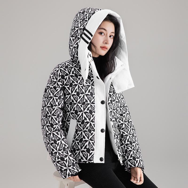 

Winter new cotton clothes contrasting color printing splicing down cotton clothes hooded thickened fashion trendy jacket M чёрный