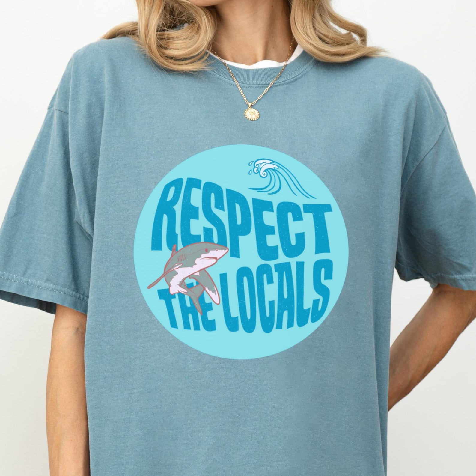 Respect the Locals Shark Tee, Comfort Colors Ocean Shirt S
