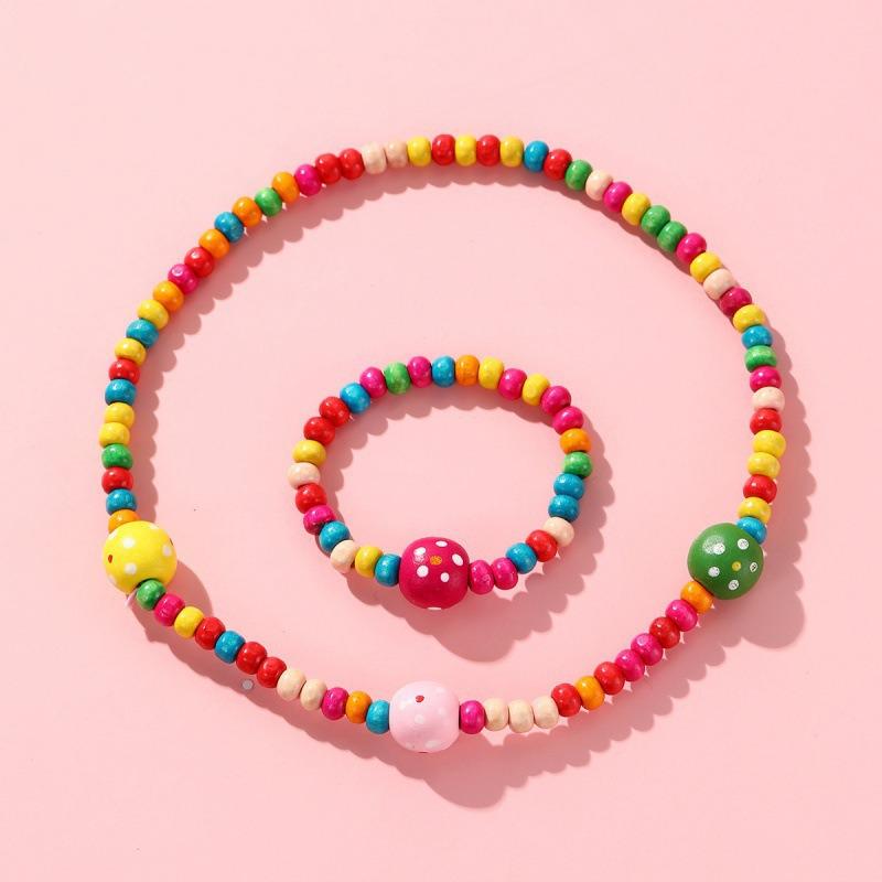 Süßes buntes Kinder-Schmuckset im koreanischen Stil: Holzperlenarmband & Halskette