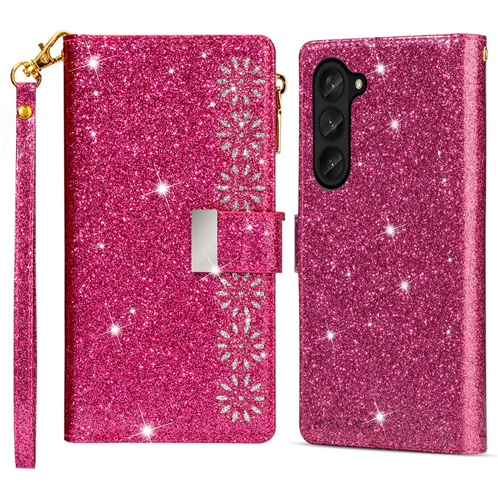 

Zipper Wallet Shell for Samsung Galaxy Z Fold5 5G Leather Stand Case Laser Carving Glittery Phone Cover with Strap Rose