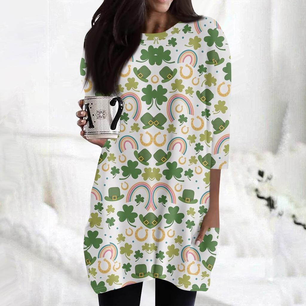 Women's  Casual 3/4 Sleeve Shirts Fashion St Patrick's Print Tunic Tops With Pockets