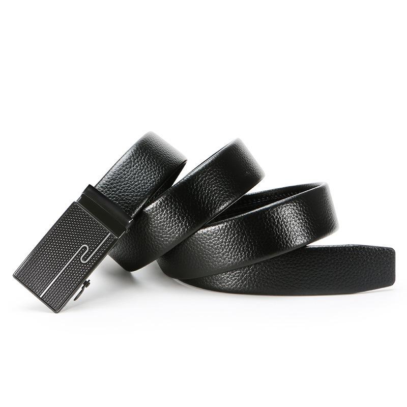 Men'S Automatic Buckle Iron Buckle Hemming Lychee Pattern Black Belt Middle-Aged And Young Business Belt