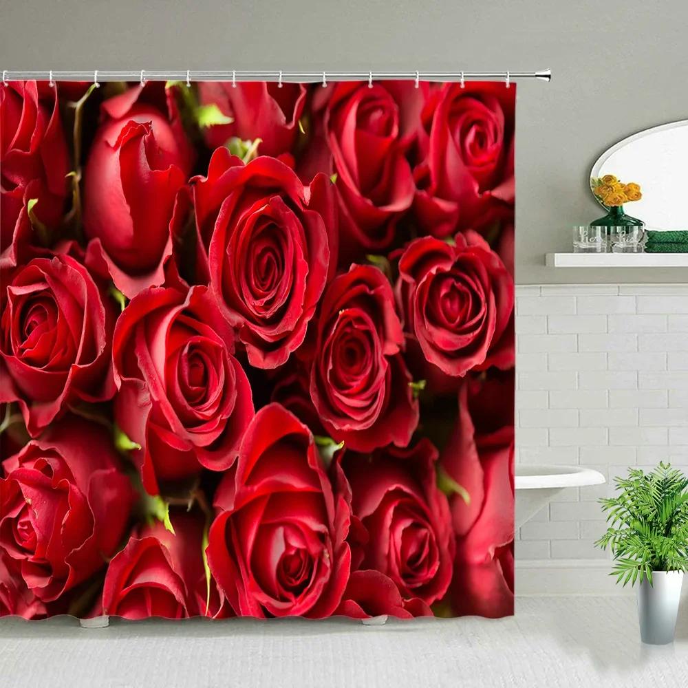 Romantic Rose Shower Curtain Set - Vibrant Red & Purple Floral Designs for Elegant Bathroom Décor, Waterproof & Easy Care