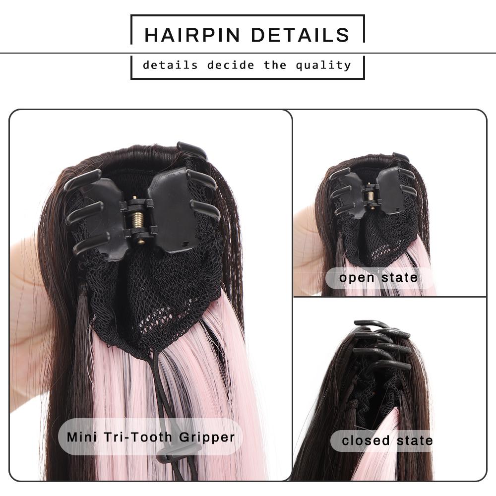 Long Straight Claw Clip Ponytail Brown Black Mixed Pink Synthetic Ponytail Ponytail Wig for Women