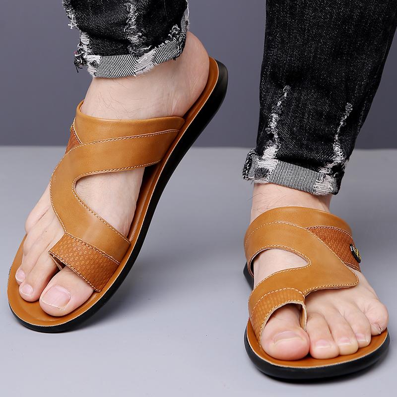 Tongs pour Hommes Pantoufles en Cuir Noir Chaussures Plates Simples Été Blanc Extérieur Marron Bout Ouvert Chaussures de Plage Grande Taille