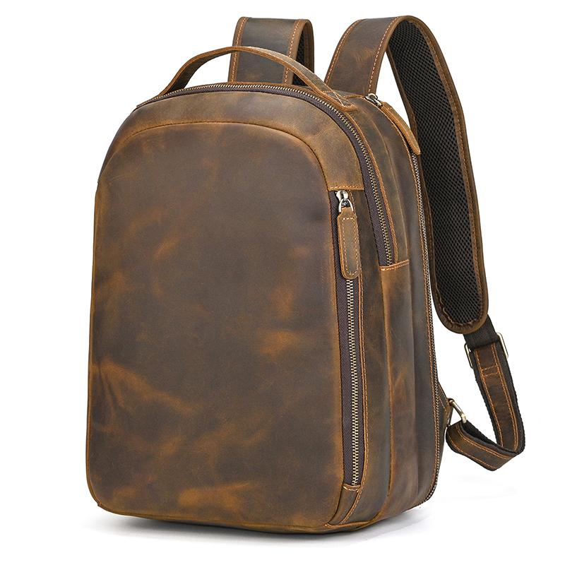 Retro Genuine Leather Backpack Men's Crazy Horse Leather Schoolbag Multifunction Daypack Leather Bag for Men