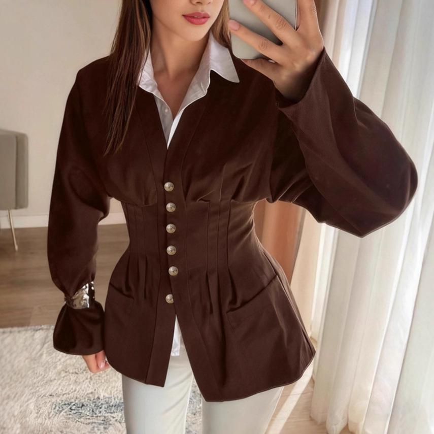 Stylish and simple French waist V-neck shirt women's 1116 autumn design slim-fitting brown long-sleeved women's shirt
