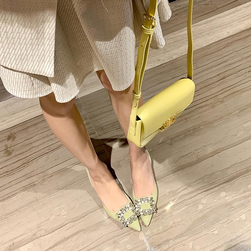 Sommar Damer Kristallpumps Eleganta Kitten Heels Bröllopsskor Spetsig Tå Höga Klackar Slingback Tyg Strass Sandaler