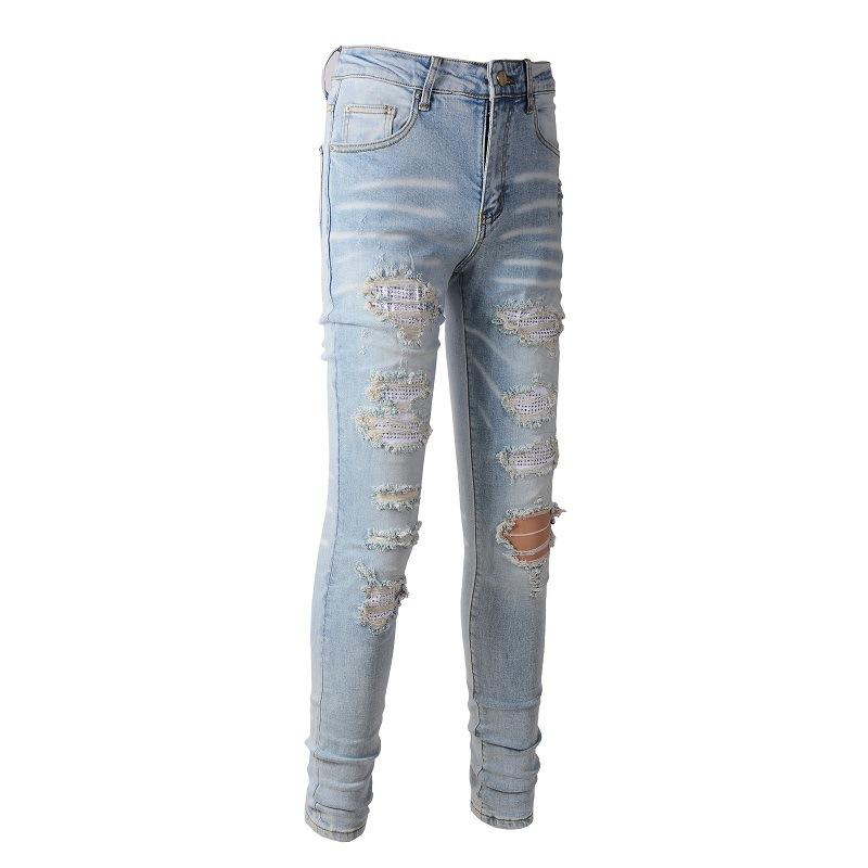 Street Denim Freizeithose Micro-Stretch Baumwolle Jugend Blaue Löcher Enge Jeans Herrenmode Hose